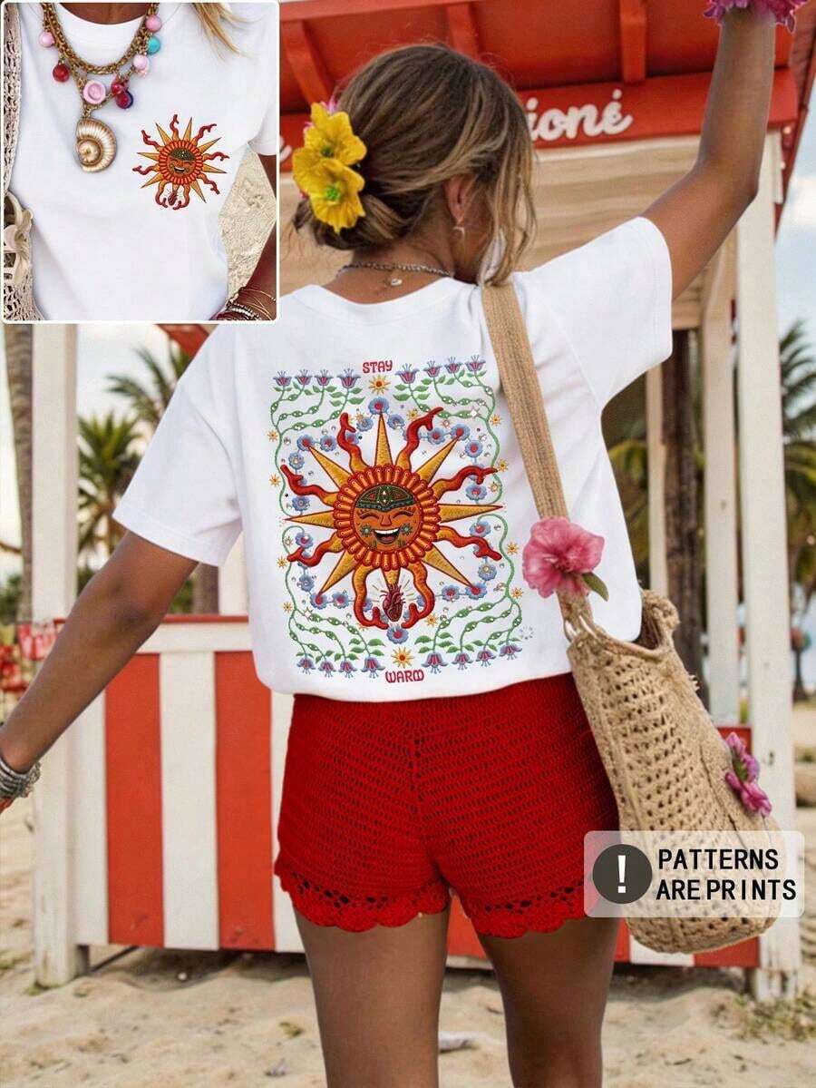 Short-Sleeved T-Shirt With Round Neck And Cartoon Print, Versatile For Everyday Use, Plus Size. - 白色 3 - 查看 1