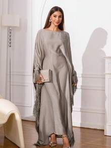 Middle East New Style Women's Arabic Fashion Abaya Long Dress, Exquisite Rhinestone Embellished Pullover Tassel Robe (Random Pattern) - Apricot - View 4