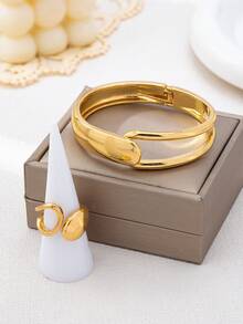 1 Set Fashionable New Geometric Hollow Plated Gold Bracelet And Ring Jewelry Set For Women - Yellow Gold - View 2