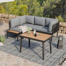 Conjunto de jantar para jardim, conjunto de móveis de jardim, sofá de canto + mesa de jantar, módulo de canto, tubos de aço galvanizado, tampo de mesa em plástico/madeira, cinza - Cinza - Ver 6