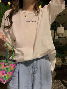 Camiseta de Mujer con Estampado Gráfico, Ligera, de Algodón, para Verano, con Estampado de Letras, Holgada, de Hombros Caídos, Cuello Redondo, Casual, Talla Grande, 100% Algodón Puro - Blanco - Ver 5