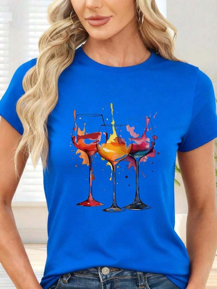 GiftT-Shirt With Wine Glass And Colorful Splash Print For Party And LeisureSoft - Blue - View 1
