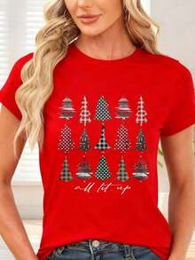 GiftCamiseta de  con Estampado de Árboles de Navidad a Cuadros y Texto All Lit Up para Fiesta NavideñaSoft - Rojo - Ver 7