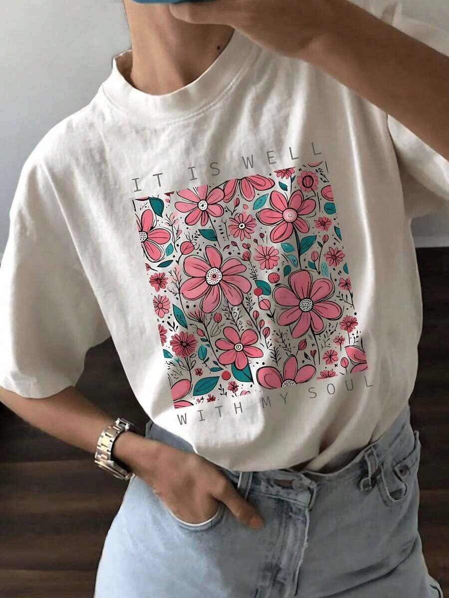 GiftPlayera de algodón 100% para mujer con estampado floral colorido, diseño gráfico moderno, cuello redondo, manga corta, estilo casual y cómodo para primavera y veranoSoft - Blanco - Ver 1