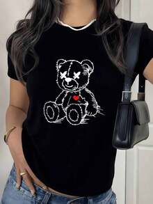 Teddy Bear With Cross-Shaped Eyes And A Small Red Heart Symbolizing Tenderness And Nostalgia On A 100% Cotton Women's Outdoor T-Shirt - 黑色 - 查看 1