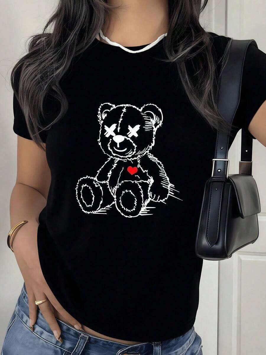 Teddy Bear With Cross-Shaped Eyes And A Small Red Heart Symbolizing Tenderness And Nostalgia On A 100% Cotton Women's Outdoor T-Shirt - 黑色 - 查看 1