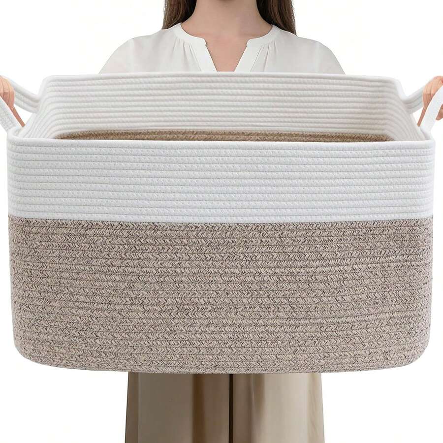 Inwagui Large Blanket Basket Soft Foldable Toy Storage Box Rectangular Woven Rope Storage Basket With Handle, Suitable For Laundry, Clothes, Books, Towels, Home Decor Nursery Bedroom Bathroom Shelf Organizer