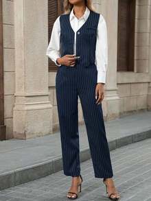 Conjunto de blusa con botones delanteros y pantalones casuales con bolsillo para mujer en otoño/invierno - Azul - Ver 6