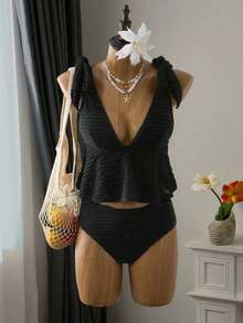 Mod Conjunto de traje de baño de 2 piezas para mujer con top corta de tirantes finos con estampado de cuadros y nudo delantero, y Bottom tipo bikini con cordón en la cintura, para verano - Negro - Ver 4