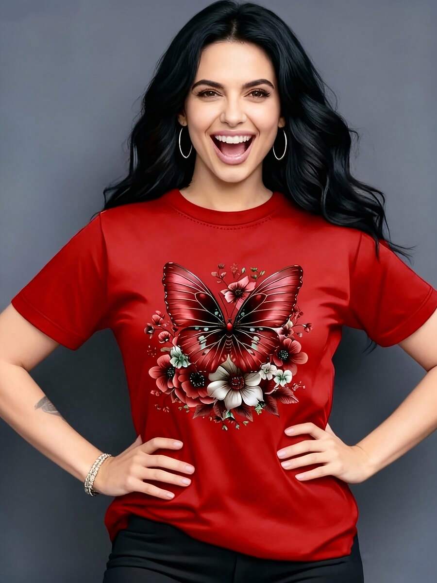 Soft 100% Cotton T-Shirt. A Casual Short-Sleeved, Crew-Neck T-Shirt With A Floral Print, Perfect For Spring And Summer, And Ideal As A Birthday Or Holiday Gift For Women. Breathable Cotton T-Shirt That Goes With Everything. - 紅色 - 查看 1