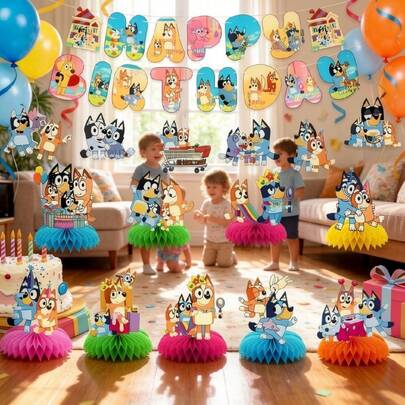 Bộ trang trí bàn tiệc hình tổ ong chủ đề chó hoạt hình, kích thước 7 inch, kèm banner "Chúc mừng sinh nhật", thích hợp cho trang trí đám cưới, tiệc độc thân, chụp ảnh lưu niệm, tạo không khí, tiệc sinh nhật, trang trí tiệc mừng em bé.