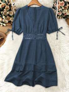 Clasi Vestido mini de manga abullonada con ribete de encaje de unicolor para mujer, para verano - Niebla azul - Ver 3
