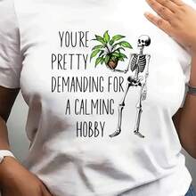 Women's Vintage Green T-Shirt - Gothic Print Of Plants, Skulls And Cactus, With The Slogan "Your Calming And Demanding Fan" - Casual White And Green Gothic T-Shirt For Plant Lovers, Suitable For All Seasons. - 白色 - 查看 6