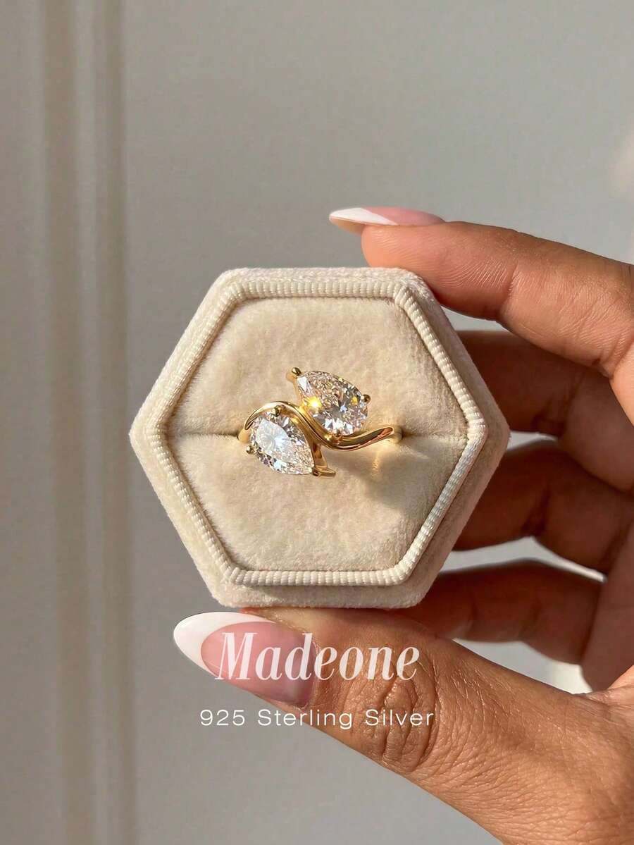 MADEONE 1 chiếc nhẫn bạc 925 cao cấp hình giọt nước đính đá Zirconia kép, nhẫn cưới đính hôn dành cho nữ, trang sức cưới tinh tế, quà tặng kỷ niệm, sinh nhật.