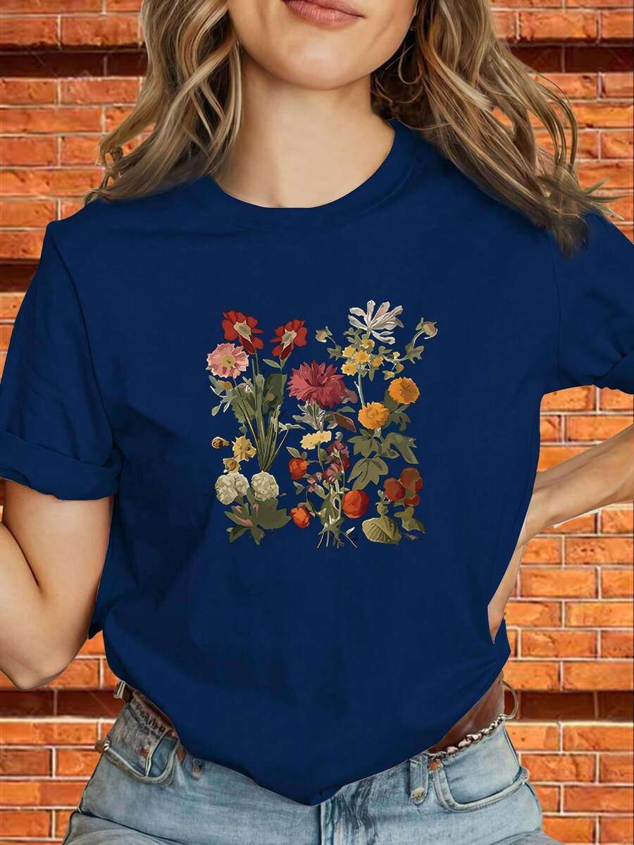 Women's "Navy Floral" Designer T-Shirt, Y2K Style, With Geometric Print And Logo, Loose Fit, Short Sleeve, Black And Gold Color, Casual Summer Shirt, Machine Washable Stretch Fabric (Anti-Wrinkle), Suitable For Casual Wear And Layering. - 藍色 - 查看 1