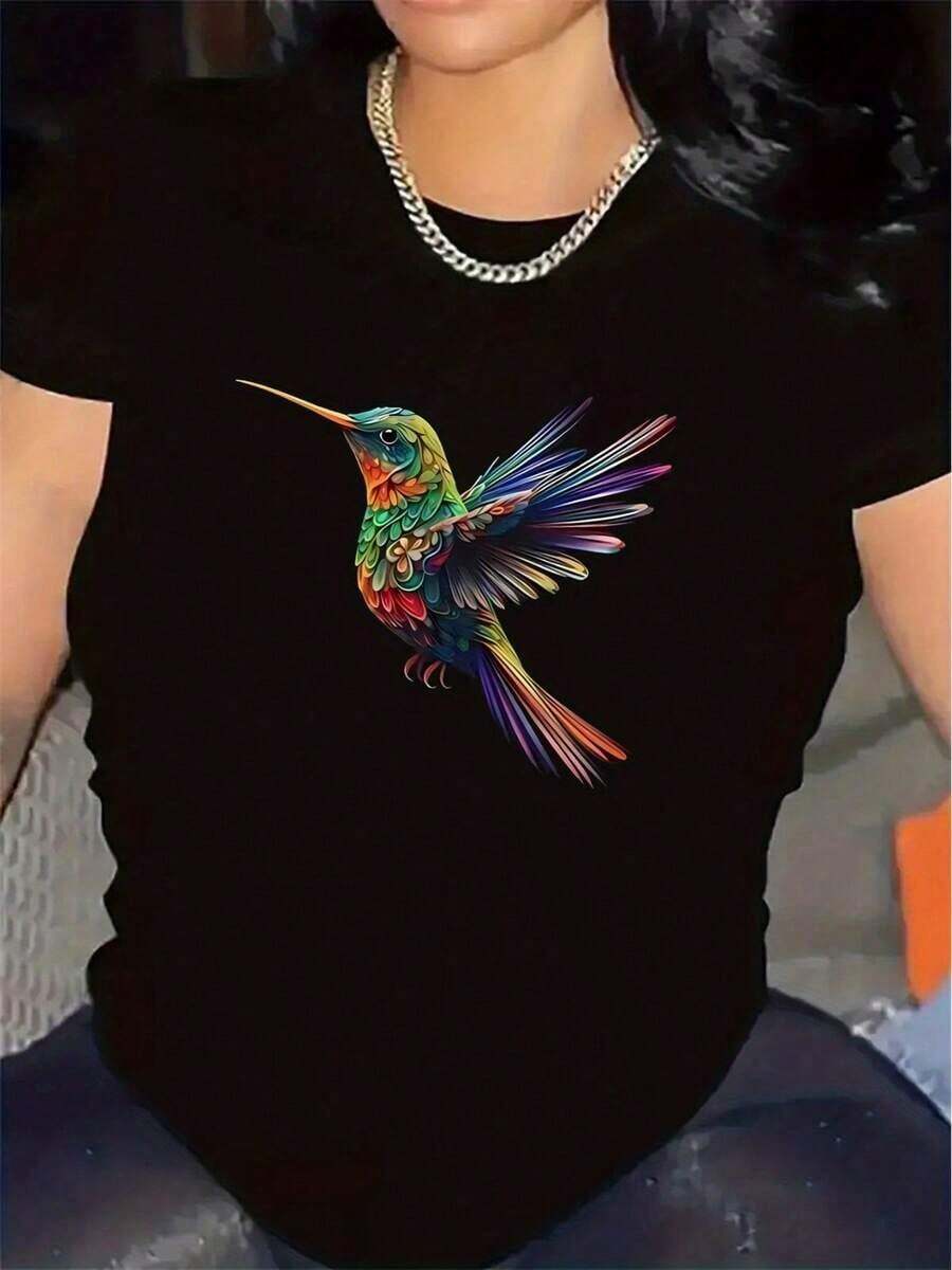 Camiseta con diseño vibrante de colibrí | Ideal para la sala de estar del hogar, tela duradera y ligera, ajuste cómodo para uso diario, ropa elegante para ambientes casuales, cuello redondo, tela de elasticidad media, patrón estampado - Multicolor - Ver 1