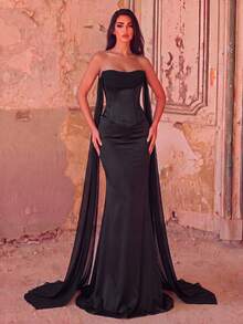 Faeriesty Đầm maxi satin đen thanh lịch dành cho nữ, thiết kế thắt eo và buộc dây phía sau - Thích hợp cho các dịp trang trọng, dạ hội, lễ tốt nghiệp, thảm đỏ, tiệc sinh nhật và đám cưới. - màu đen - Xem 3