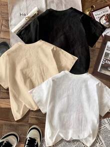 Women's Casual T-Shirt Set - 1 Piece Knit Fabric Series, Printed, Comfortable For All Seasons, Regular Fit, Round Neck - Short Sleeve T-Shirt With  Face, Bear, And Letter Designs. - 白色 - 查看 2