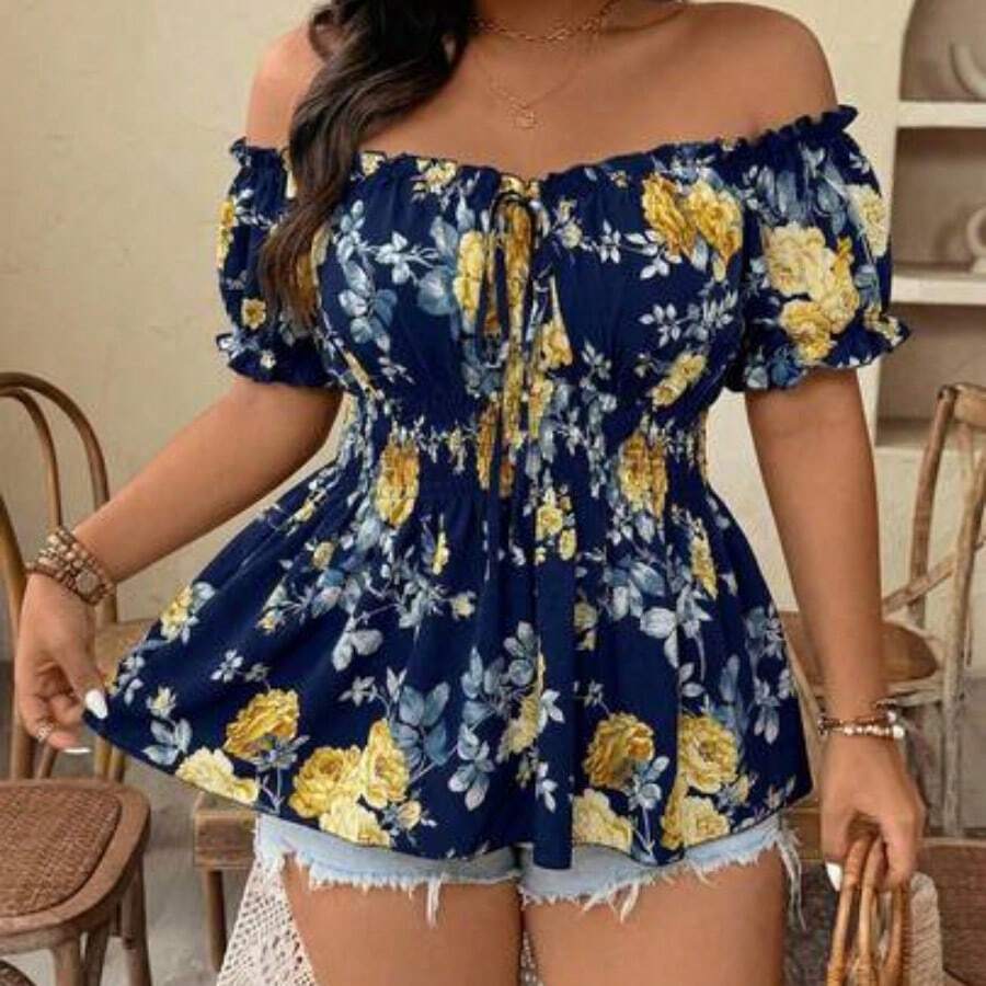 Plus Size Women Off-Shoulder Cinched Waist Floral Print Elegant Fashionable Blouse Top, Suitable For Date, Travel And More, Spring/Summer - Azul y blanco - Ver 1