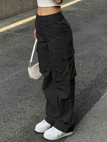 Casual Solid Color Minimalist Straight Leg Cargo Pants Black Spring - Black - View 4