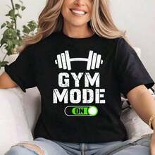 1 Gym T-Shirt With "Gym Mode On" Print, Funny Fitness T-Shirt, Gym T-Shirt, Women's Cotton Motivational T-Shirt, Oversized Printed Graphic T-Shirts, 180g 100% Cotton. - 黑色 - 查看 1