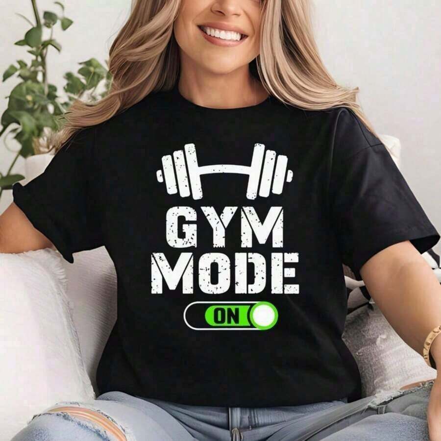 1 Gym T-Shirt With "Gym Mode On" Print, Funny Fitness T-Shirt, Gym T-Shirt, Women's Cotton Motivational T-Shirt, Oversized Printed Graphic T-Shirts, 180g 100% Cotton. - 黑色 - 查看 1