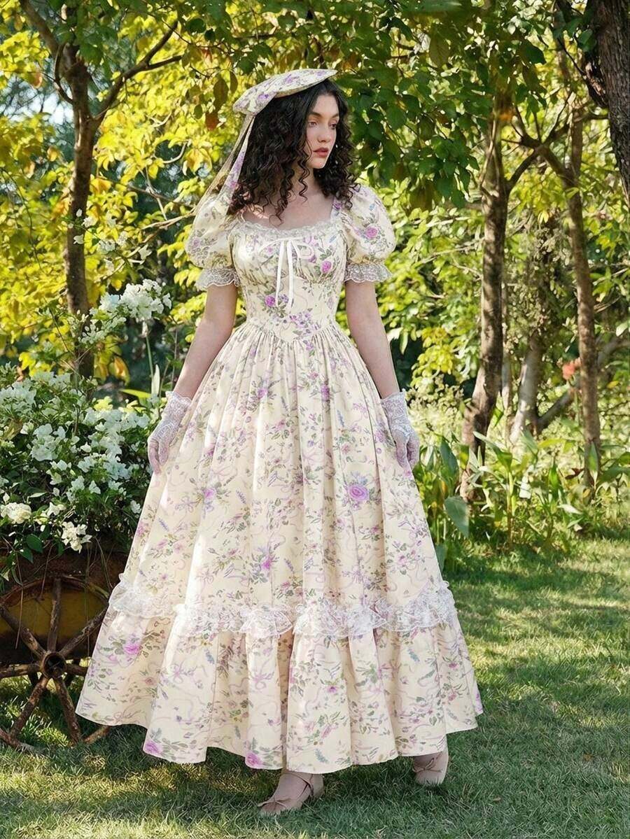 MOD Vestido largo de encaje blanco con volantes estilo victoriano vintage, vestido de fiesta, vestido de graduación, con exquisita mano de obra - Amarillo claro - Ver 1