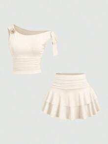 Conjunto de top de tirantes y minifalda plisada y con decoración de flores metálicas para mujer, ideal para el verano - Albaricoque 2 - Ver 9