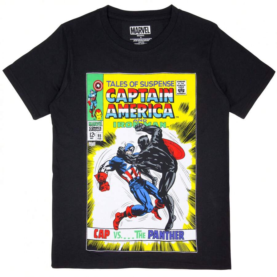 Captain America And Iron Man Vs The Panther Marvel Comic Cover T-Shirt - màu đen - Xem 1