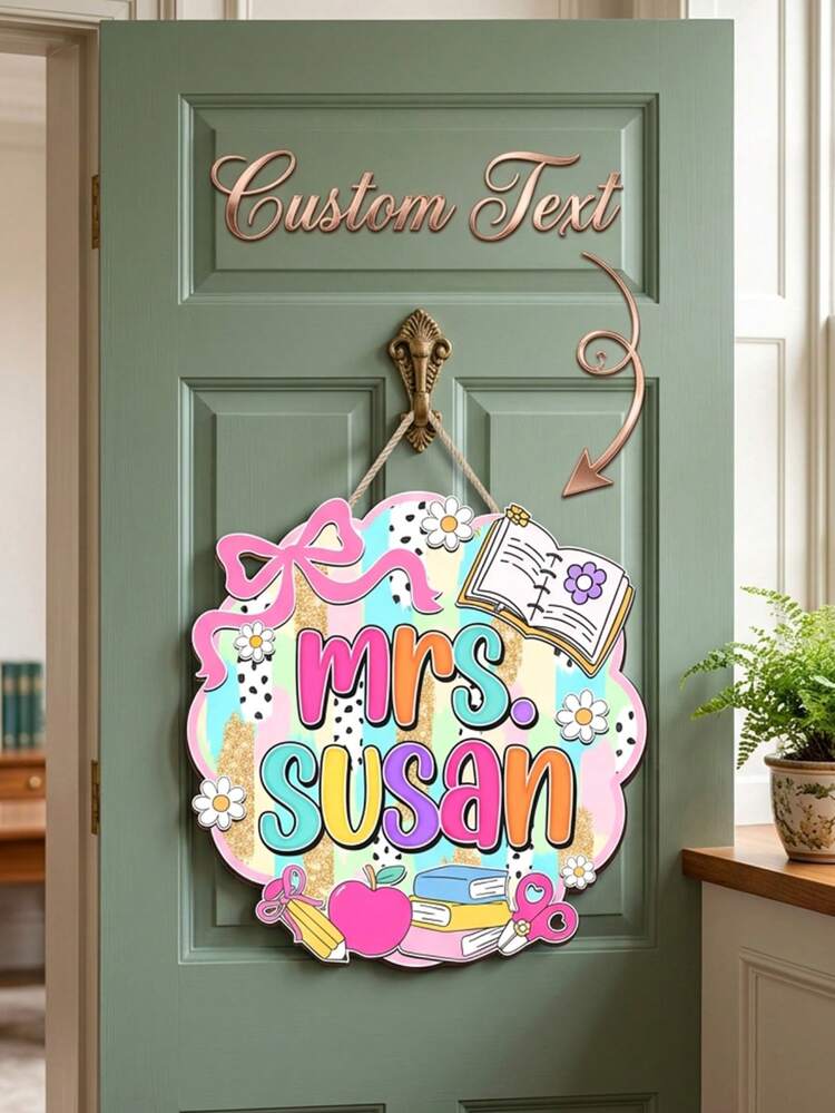1 Biển hiệu cửa lớp học tùy chỉnh tên giáo viên, Biển gỗ màu pastel cá nhân hóa với thiết kế quả táo và bút chì, Biển treo cửa kiểu Boho hình nơ cho lớp học mầm non/tiểu học, Quà tặng tri ân giáo viên, Quà tặng tựu trường, Biển trang trí tường lớp học bằng gỗ - Màu Hồng baby - Xem 4