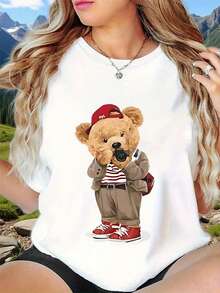 Camiseta deportiva de manga corta con estampado de animales, de peso pesado, ideal para regalar-oso a la moda para entusiastas de la fotografía-estilo casual, activo y deportivo para mujer-transpirable, absorbente de sudor, ligera, cómoda, suave y estampada. Idea de regalo. - Blanco - Ver 3