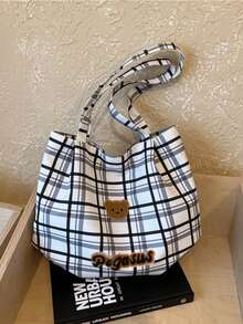 New Plaid Canvas Tote Bag, Large Capacity, Cute Bear Head Embroidery, Versatile Shoulder Bag For Students And Commuting - Multicolor - View 10