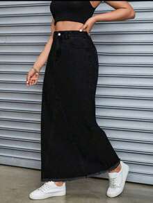 Women's Mid-Length Non-Stretch Denim Skirt With Slit Hem Detail And Pockets, Casual Mid-Calf Denim Skirt For Spring, Summer, Autumn And Winter Black - Negro - Ver 3