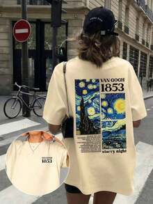 Y2K Style,  Style, The Newest Of 2026, Cute Style, Casual Style. Women's Casual T-Shirt, A Tribute To Van Gogh's Masterpiece "The Starry Night" And The 1853 Number Pattern, Comfortable And Versatile For Spring/Summer, With A Round Neck And Short Sleeves, Stylishly Printed. 180g (S-XXXL) - 杏 - 查看 5