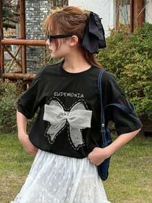 Short-Sleeved T-Shirt For Teenagers, Round Neck, Letter And Bow Print, Casual And Versatile Style For Everyday Use - Urban Vintage Style, Unisex, Loose Fit, Cotton, With Round Neck. - 黑色 - 查看 4