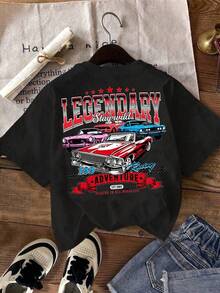 Women's One-Piece T-Shirt, Retro Casual Style With Car Print, Round Neck, Short Sleeve, Short And Fitted Cut, Summer Fashion, Suitable For All Seasons. - 黑色 - 查看 4