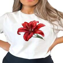 Women's Short Sleeve T-Shirt With Red Lily Print - Loose Fit, Round Neck, Breathable And Stretchy Fabric, Ideal For Knee Lengths, Casual And Elegant Wear In All Seasons, Machine Washable Blouse (Lily Print) - 白色 - 查看 1