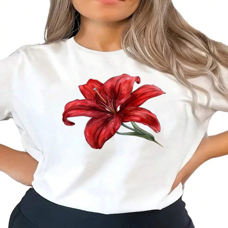Women's Short Sleeve T-Shirt With Red Lily Print - Loose Fit, Round Neck, Breathable And Stretchy Fabric, Ideal For Knee Lengths, Casual And Elegant Wear In All Seasons, Machine Washable Blouse (Lily Print) - 白色 - 查看 1