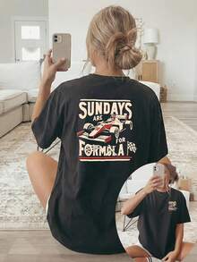 [Double-Sided Print] Women T-Shirt, Racing Cars "SUNDAYS ARE For FORMULA" Text, Casual Summer Short Sleeve Tee, High Quality - Sky Blue - View 10