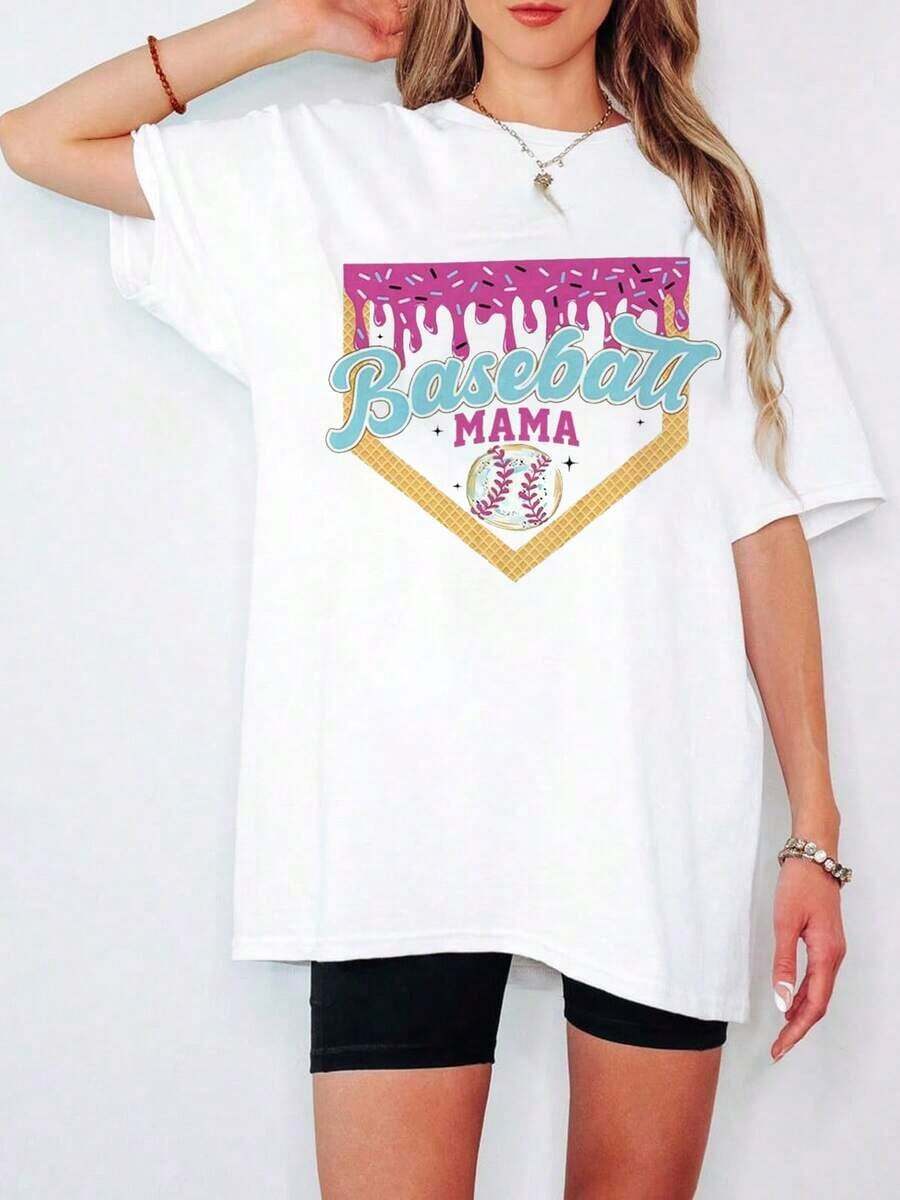 Baseball Drip Mama Shirt, Team Mom T-Shirt, Ice Cream Drip Tee, Mother's Day Gift, Oversized Short Sleeve Classic Heavy 100% Cotton T-Shirt Printed Graphic Tee Women's Casual Short-Sleeved Top - 白色 - 查看 1