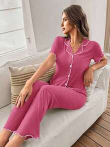 Mono de verano de punto ligero y suelto con volantes, de tela roja, de estilo casual y holgado para mujer - Rosa Fucsia - Ver 3