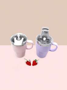 1pc, 20oz Stainless Steel Travel Cup With Handle And Straw, Double Drinking Cap, Leak-Proof And Sealable, Inner Liner Made Of 304 Stainless Steel, Outer Shell Made Of PP, Office, Vehicle Or Outdoor Coffee Cup - Multicolor - View 5