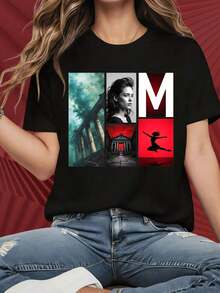 Women's Graphic Print T-Shirt, Lightweight Cotton Summer T-Shirt With Short Sleeves And Round Neck. Features Interesting Printed Patterns. Includes A Collage Of A Mystical Forest Portrait, Temple, And Dancer. Suitable For Christmas Parties, Sports Activities, Holiday Parties, Outings, And Other Holiday Gifts (220g). Oversized Women's Printed T-Shirt, 100% Pure Cotton. - 黑色 - 查看 6
