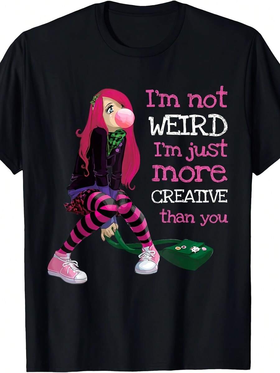 Camiseta de Mujer con Estampado Gráfico - Diseño "No soy rara, solo soy más creativa que tú", Manga Corta, Cuello Redondo, Estilo Casual para Primavera y Verano, Negra con Ilustraciones Coloridas, Tela Ligera de Poliéster, Camiseta Y2k - Negro - Ver 1