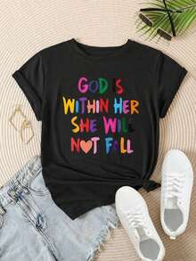 Women's Casual Short-Sleeve T-Shirt - "God Is Within Her, She Will Not Fall" Psalm 46:5, Crew Neck, Summer Top, Machine Washable, Ladies' T-Shirts, Casual Wear, Modern Style, Comfortable Fit

-White - 黑色 - 查看 2