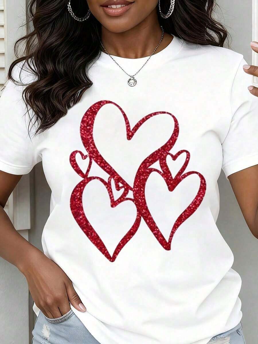 Camiseta de Cuello Redondo para Mujer, Estampado de Corazones Rojos Brillantes, Manga Corta, Estilo Casual para el Día de San Valentín - Blanco - Ver 1