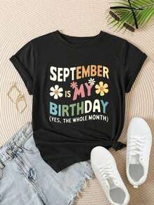 Camiseta Casual de Manga Corta para Mujer - Septiembre es mi cumpleaños, sí, todo el mes, cuello redondo, top de verano, lavable a máquina, camisetas para damas, atuendo casual, aspecto moderno, ajuste cómodo.  
 -Blanco - Negro - Ver 2