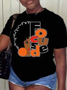 1 pieza de camiseta para mujer, camiseta "Focused Girl" afroamericana, (1 pieza) 100% algodón, camiseta casual estampada, cuello redondo, manga corta, camiseta de algodón, para regalo, verano, unisex, 180g 100% algodón, todos los patrones están impresos. Unisexo. - Negro - Ver 12
