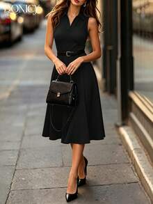 DONICY Damen schwarzes ärmelloses Maxi-Kleid mit Kragen, Bindegürtel und Glockenrock, modisch und elegant für Frühling/Sommer, geeignet für Dates, Ausflüge, Urlaub, Hochzeiten und Gästeoutfits - Schwarz - Übersicht 6