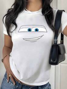 Graphic Of Bright Blue Eyes And Cheerful Smile Conveying Positive Energy For Outdoor Adventures. Women's Outdoor T-Shirt, 100% Cotton - 白色的 - 查看 8